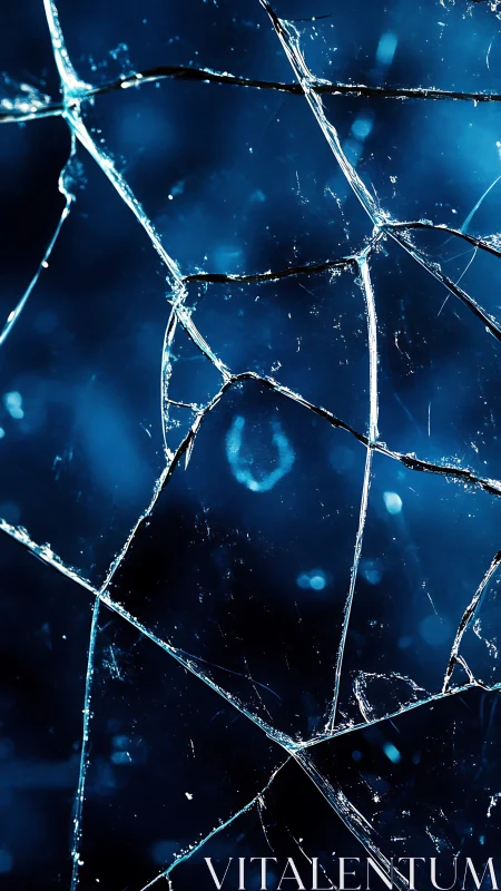 Shattered blue glass surface captures fractured light patterns
