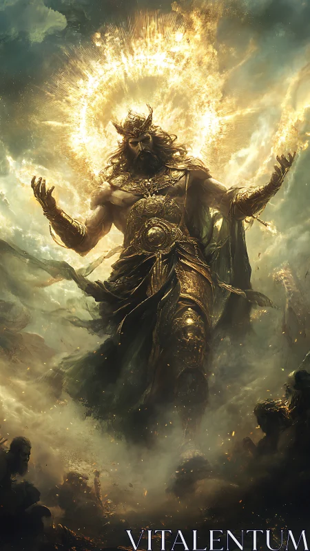 Storm god strides through burning clouds in golden armor.