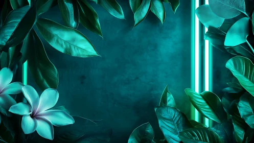 Neon jungle frame with glowing teal foliage and flowers.