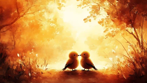 Two Birds Meet Golden Pathway. Warm Light.