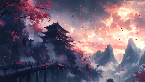 Mountain temple rises beneath a blazing crimson sky.