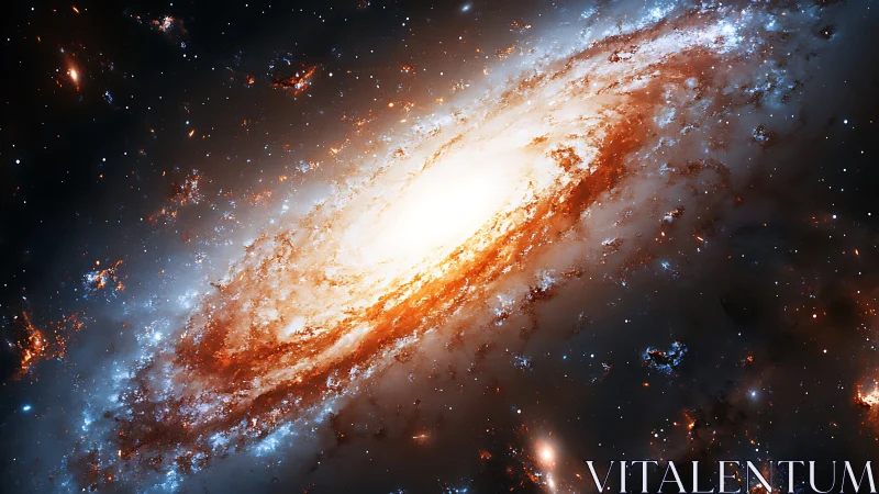 Spiral galaxy core burns with orange dust and blue stars.