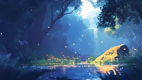 Enchanted forest glade shimmers beside a tranquil stream.