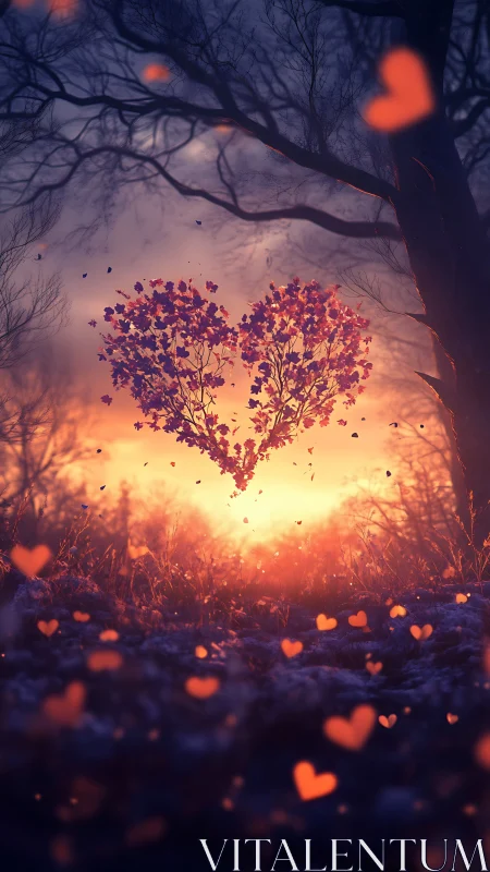 Heart-Form Tree Silhouette with Bokeh Particles Against Golden Sunset Gradient