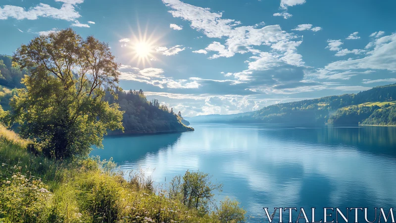Sunlit lakeside valley with calm reflective blue water.