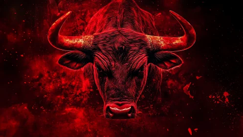 Digital painting of a crimson bull head in frontal composition.