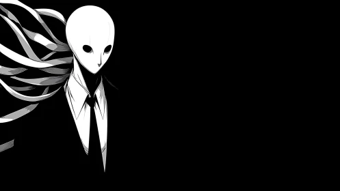 Faceless suited figure with ribbons emerges from darkness