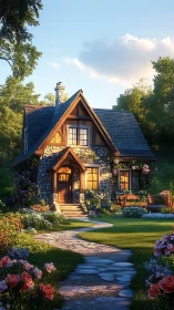 Sunlit stone cottage with floral landscaping and curved path.