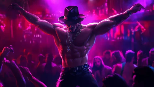Shirtless male dancer extends arms on crowded nightclub stage