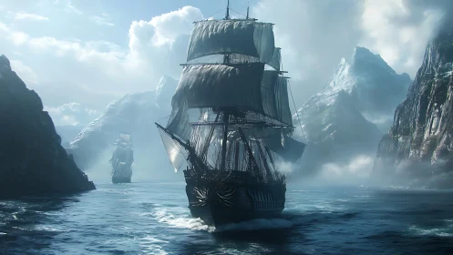 Majestic square-rigged galleon navigates misty glacial fjord