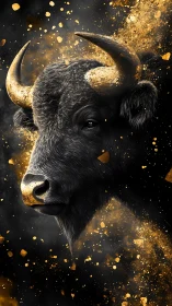 Midnight bull crowned in shimmering golden dust.