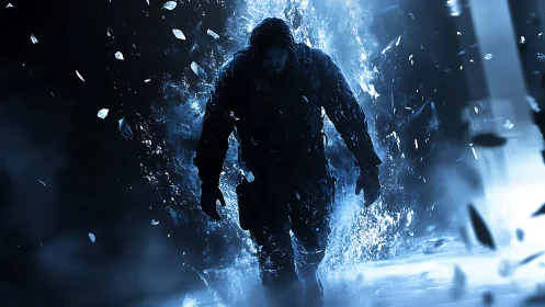 Armored lone warrior strides through shattering blue energy.