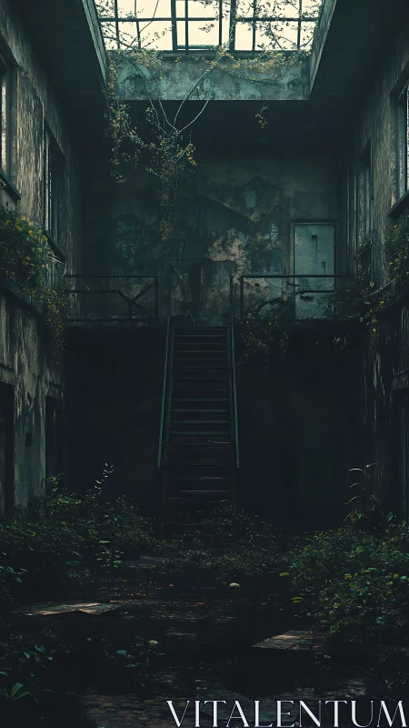 Overgrown interior stairwell in abandoned concrete structure.