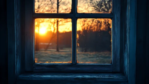 Sunset landscape framed by weathered wooden window panes