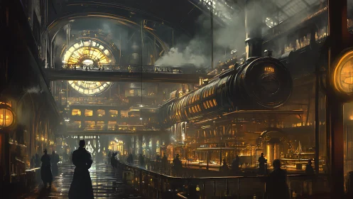 Steampunk railway hall with suspended locomotive and clock.