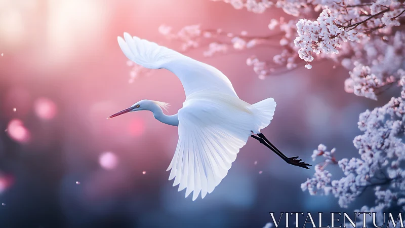 White egret soaring amid cherry blossoms in soft morning light.
