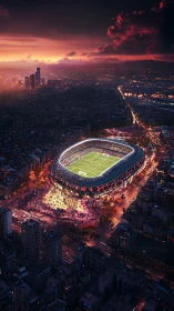 Sunset aerial of illuminated urban football stadium bowl.