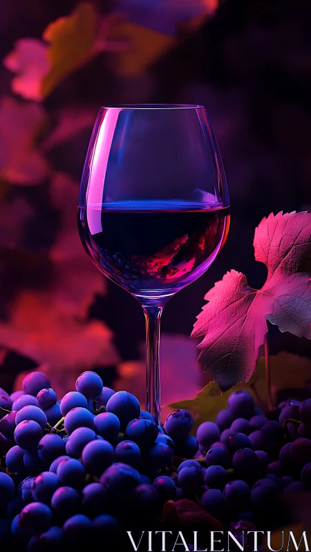 Glowing wine glass among twilight grapes and dreamy leaves.