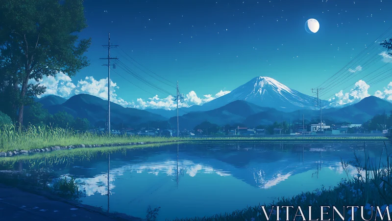 Mountain landscape reflected in rural irrigation pond at night.