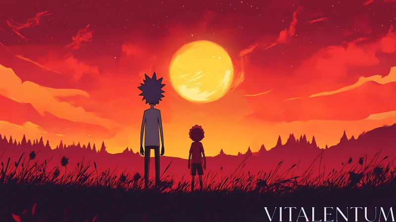 Sunset companions standing together under a glowing sky.