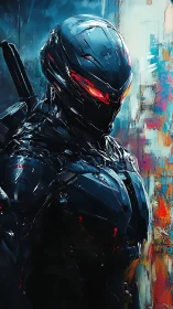Armored cybernetic warrior stands vigilant in neon haze