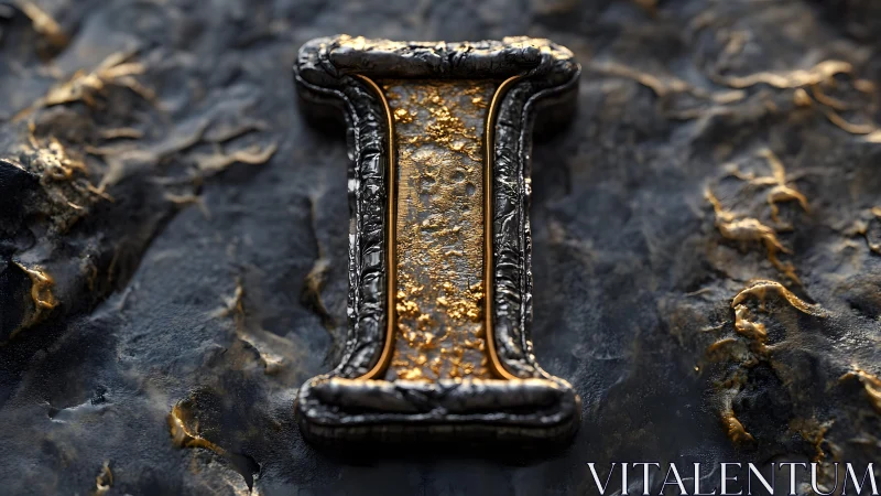 Ornate golden letter I with metallic texture on dark stone background.