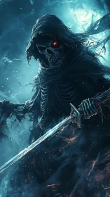 Grim reaper warrior wreathed in icy blue ghostlight storm.
