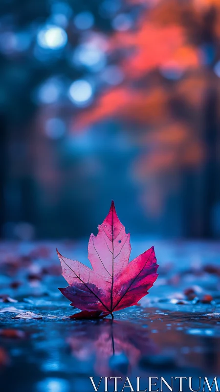 Luminous autumn leaf afloat in neon dusk rainlight.