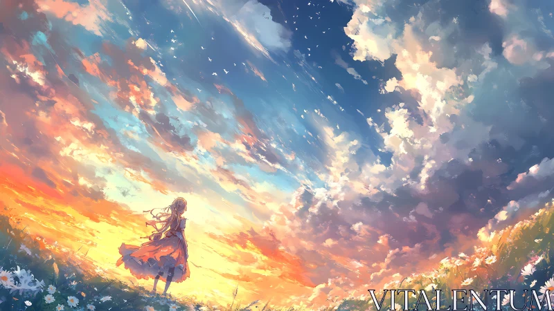 Girl in orange dress gazes at radiant sunset sky over field.