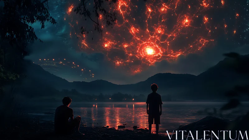 Two children watch fiery cosmic phenomenon over dark lake