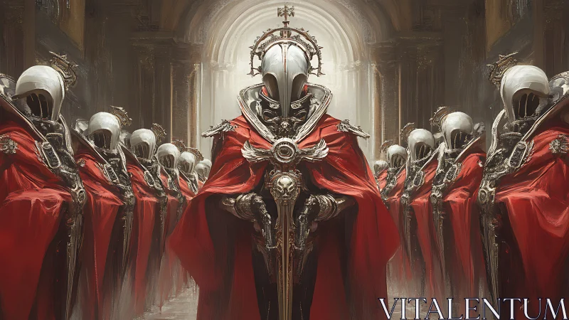 Imperial red-cloaked paladins in ornate cathedral procession.