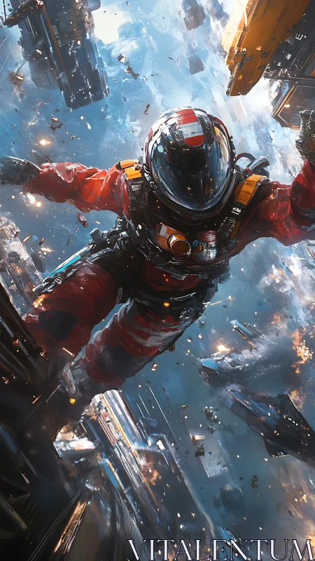 Space-suited astronaut tumbles through wrecked orbital city