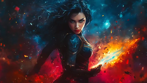 Female warrior stands in swirling fire and blue energy field