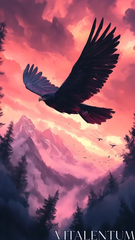 Crimson cloudscape over alpine valley with soaring black eagle