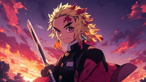 Sword-wielding anime warrior under vivid sunset sky.