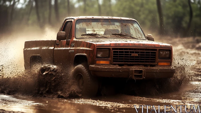 Classic pickup truck powers through deep forest mud trail