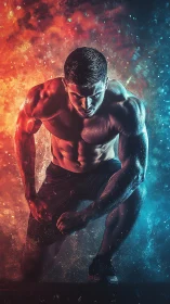Muscular athlete kneels in dual blue and orange energy field