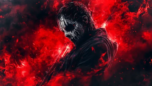 Skull-faced warrior in red inferno with dynamic smoke textures.