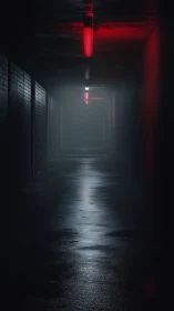 Moody wet tunnel corridor under red fluorescent emergency lighting