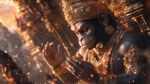 Rendered simian deity in ornate golden temple setting.