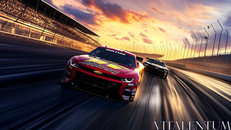 Sunset speed duel with a red rocket leading the thunderous oval.