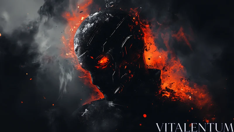 Infernal cybernetic skull emerging through molten embers.