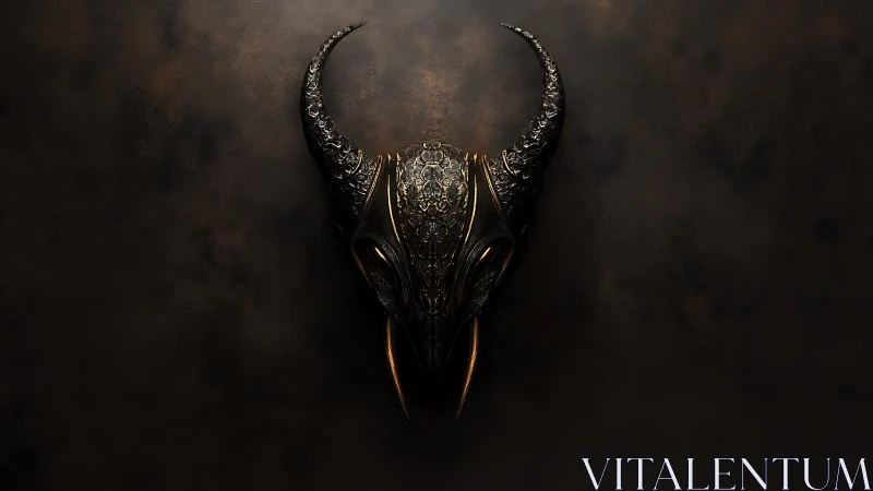 Horned metallic skull sculpture on dark textured background.