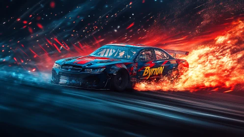 Racing car drifts through neon flames in dynamic digital art
