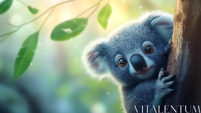 Cute baby koala clinging to tree in soft forest light.