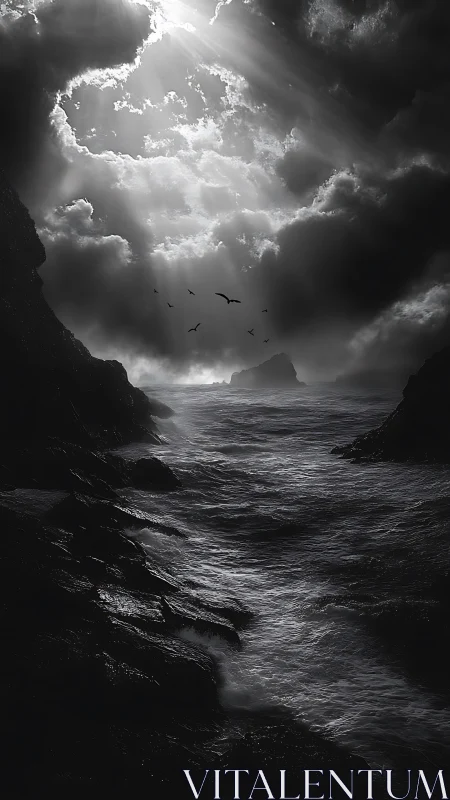 Monochrome seascape with storm-lit clouds and coastal silhouettes.