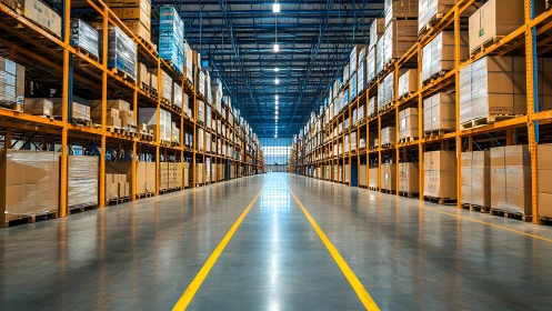 Endless warehouse corridor glows with geometric order and light.