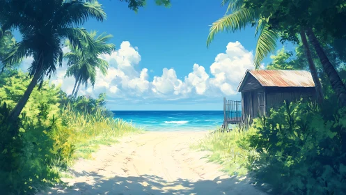 Tropical Coastal Refuge: Weathered Structure Among Lush Vegetation.