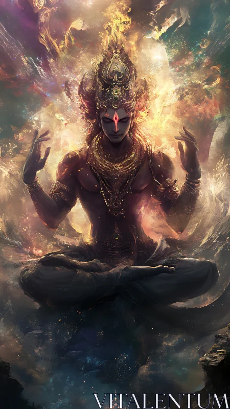 Celestial deity meditates in swirling cosmic fire and light