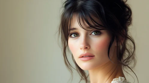 Portrait of young woman with loose updo against neutral wall.